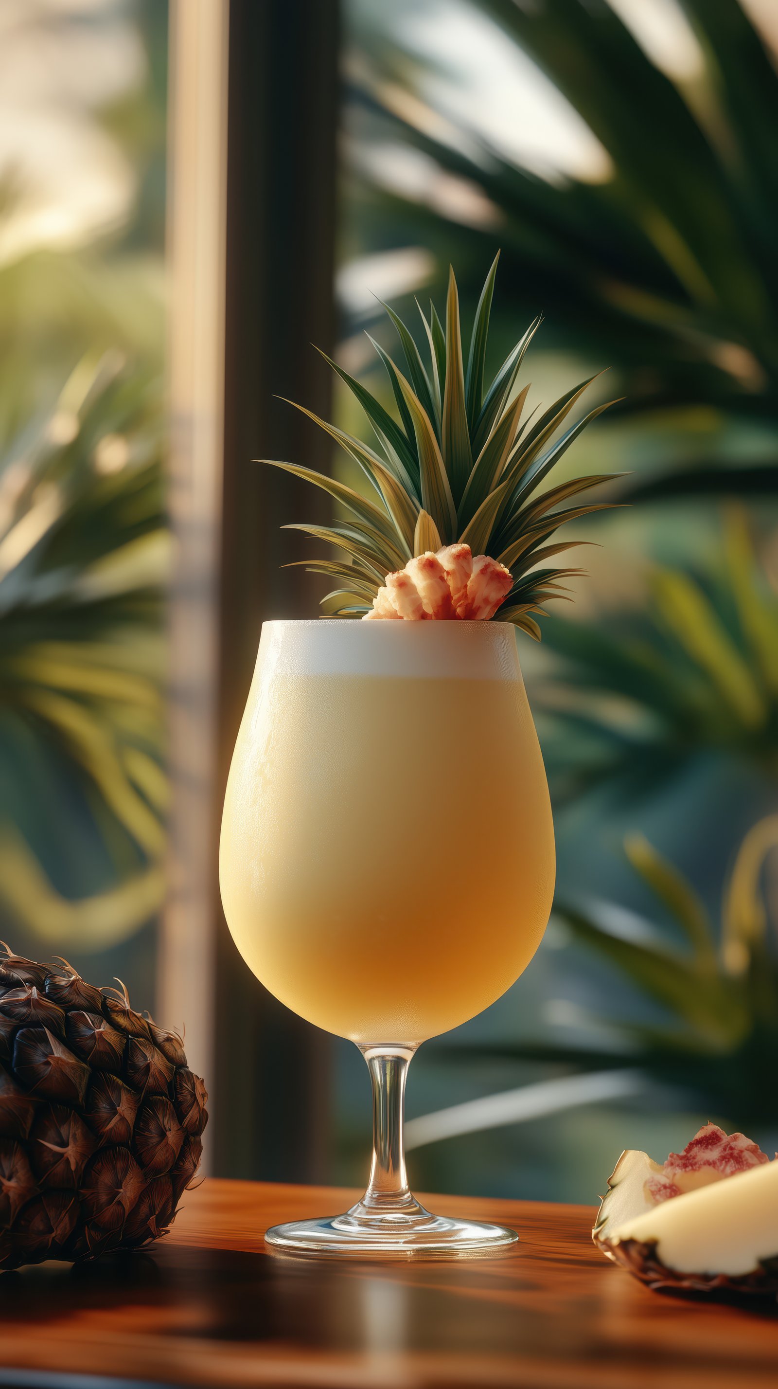 Refreshing tropical cocktail garnished with fresh pineapple sits against a backdrop of green foliage